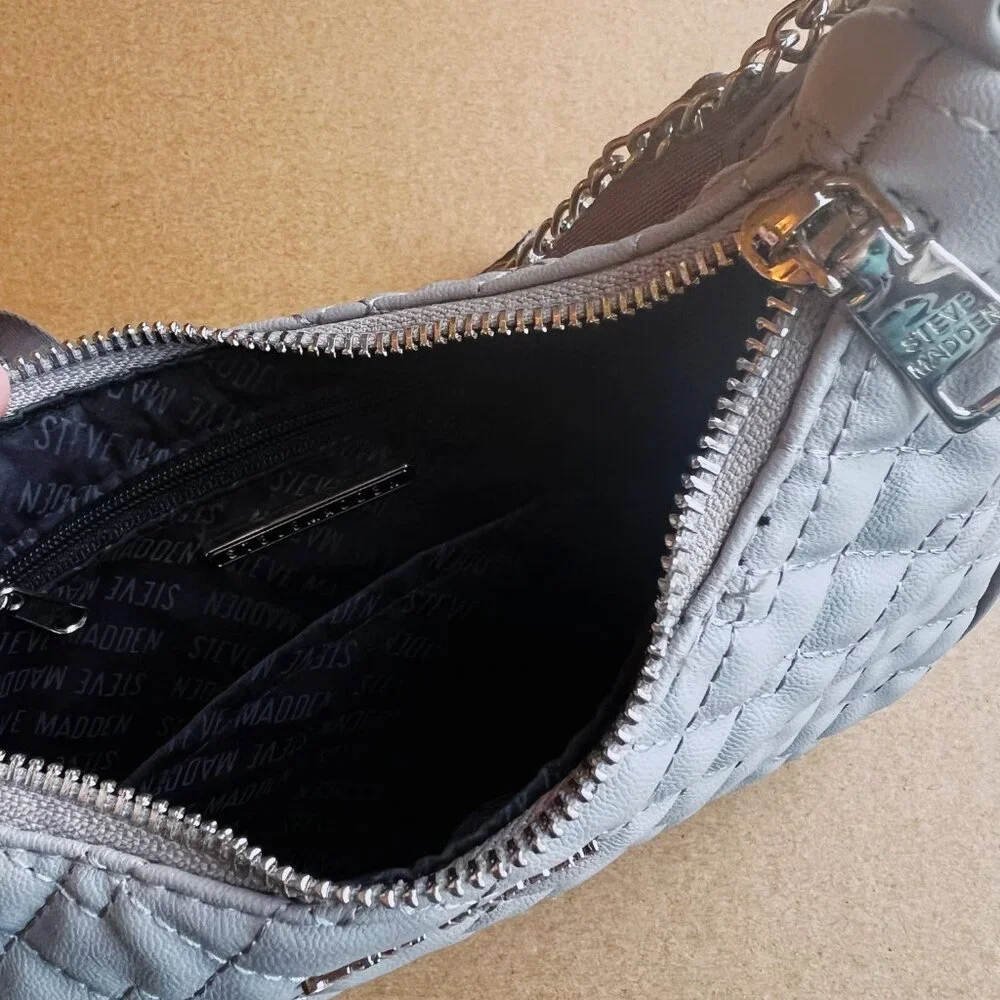 Steve Madden Quilted Crossbody Shoulder Bag Gray Silver Chain Strap